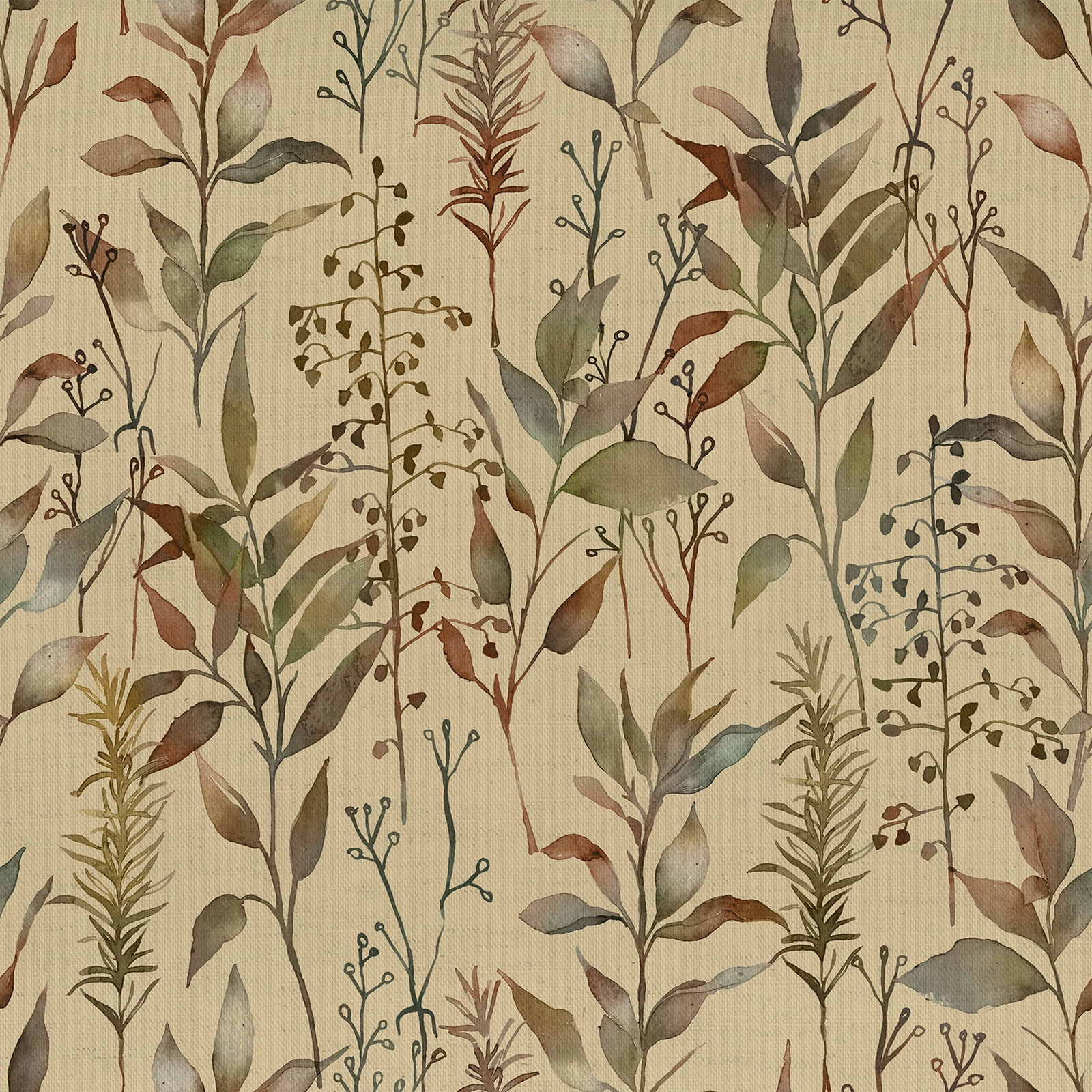 Botanical print fabric with muted brown and olive leaves on a cream ground