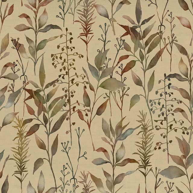 Botanical print fabric with muted brown and olive leaves on a cream ground