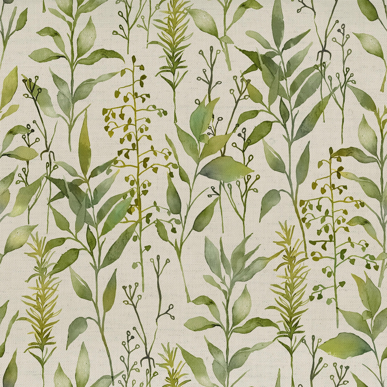 Painterly green botanical fabric with slender stems and sage leaves on a pale ground