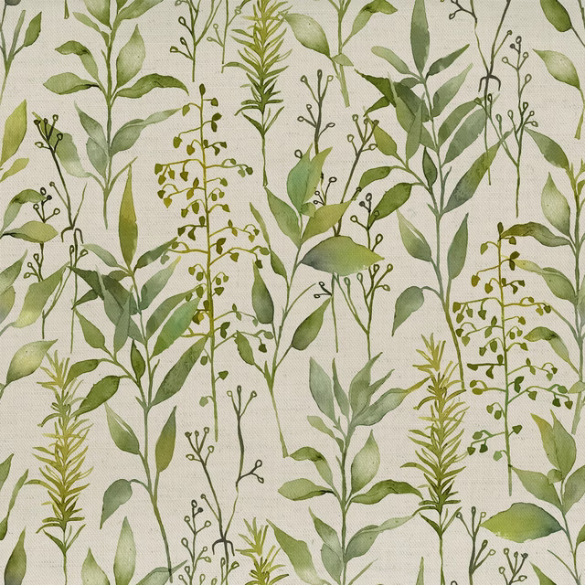Painterly green botanical fabric with slender stems and sage leaves on a pale ground