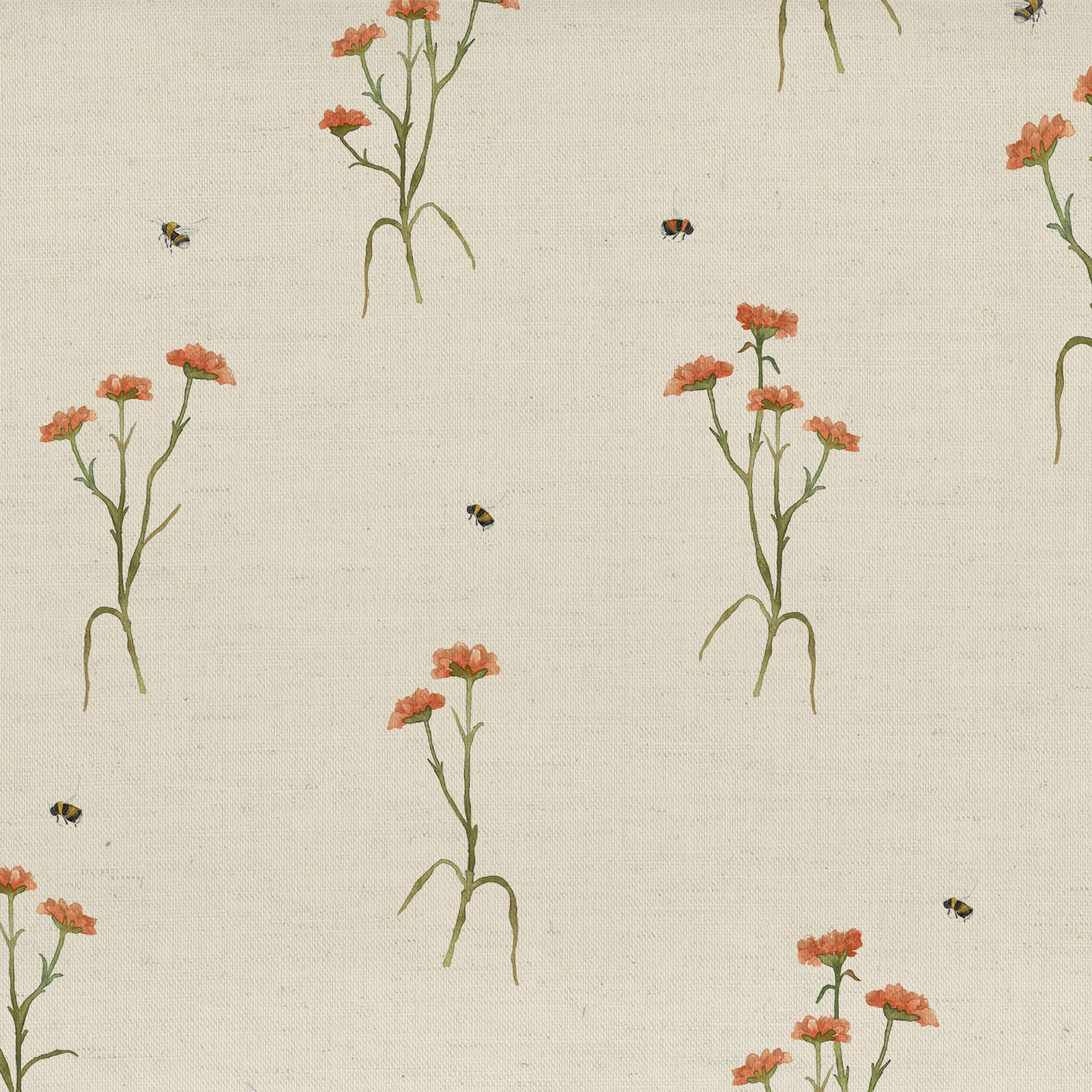 Cream botanical fabric with coral flowers, green stems and tiny bee motifs
