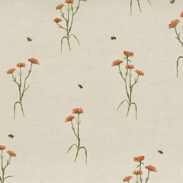 Cream botanical fabric with coral flowers, green stems and tiny bee motifs