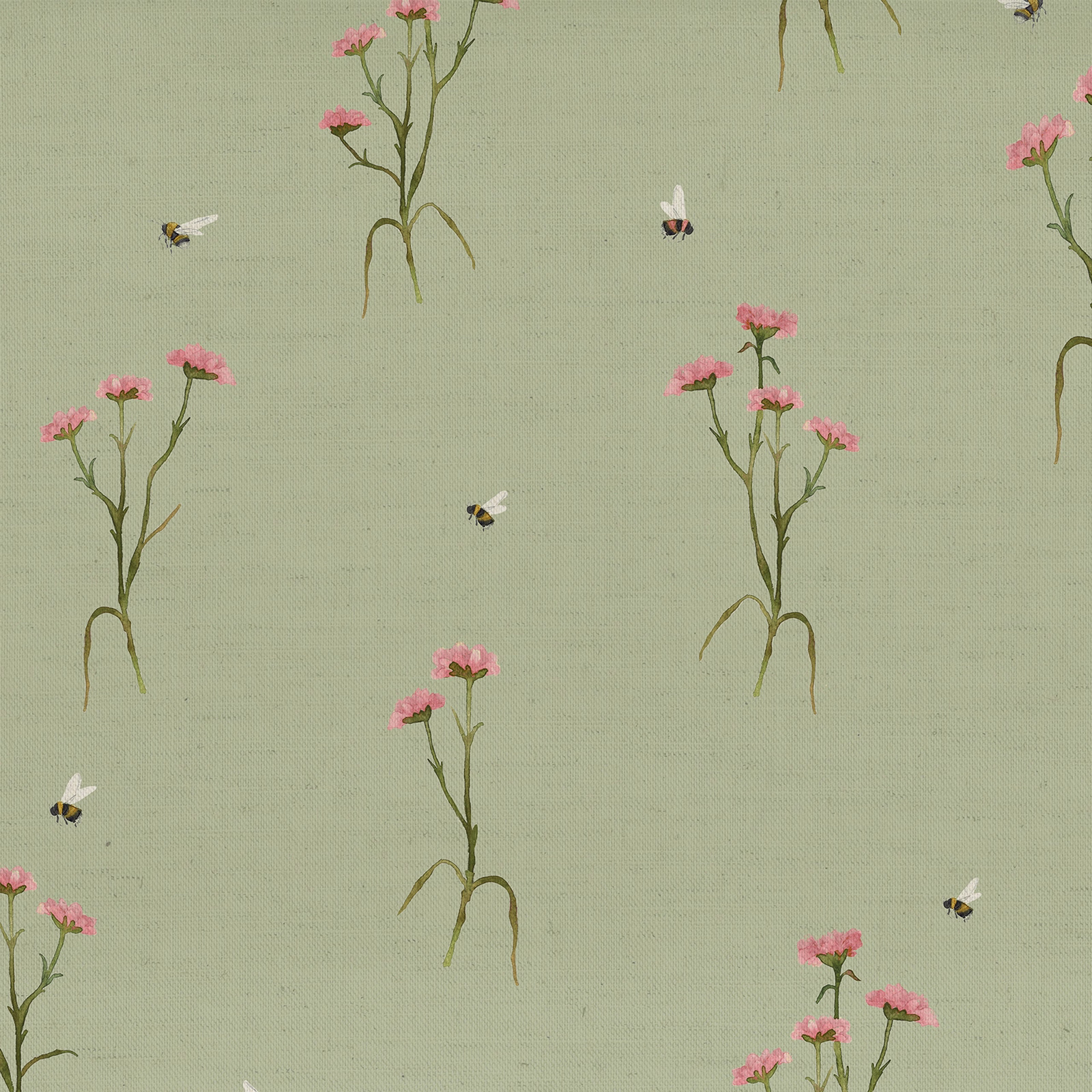 Soft sage green fabric with pink wildflower sprigs and small bees