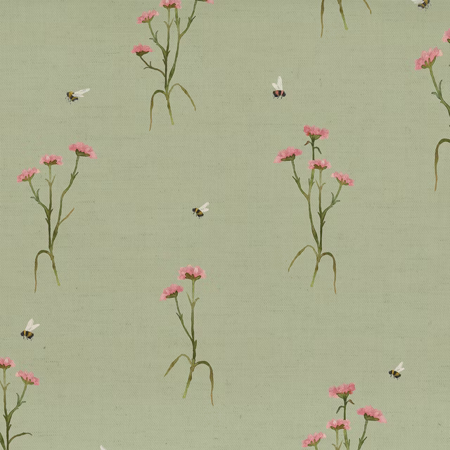 Soft sage green fabric with pink wildflower sprigs and small bees