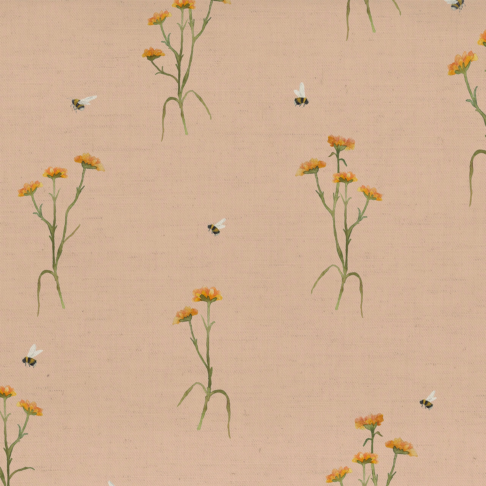 Pale apricot botanical fabric with green stems, orange flowers and small bees