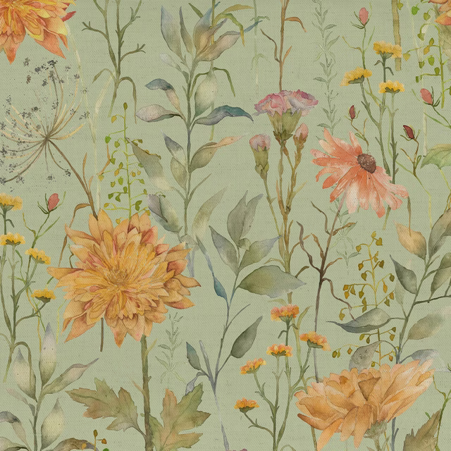 Pale sage botanical fabric with painterly flowers, leaves and soft linen texture