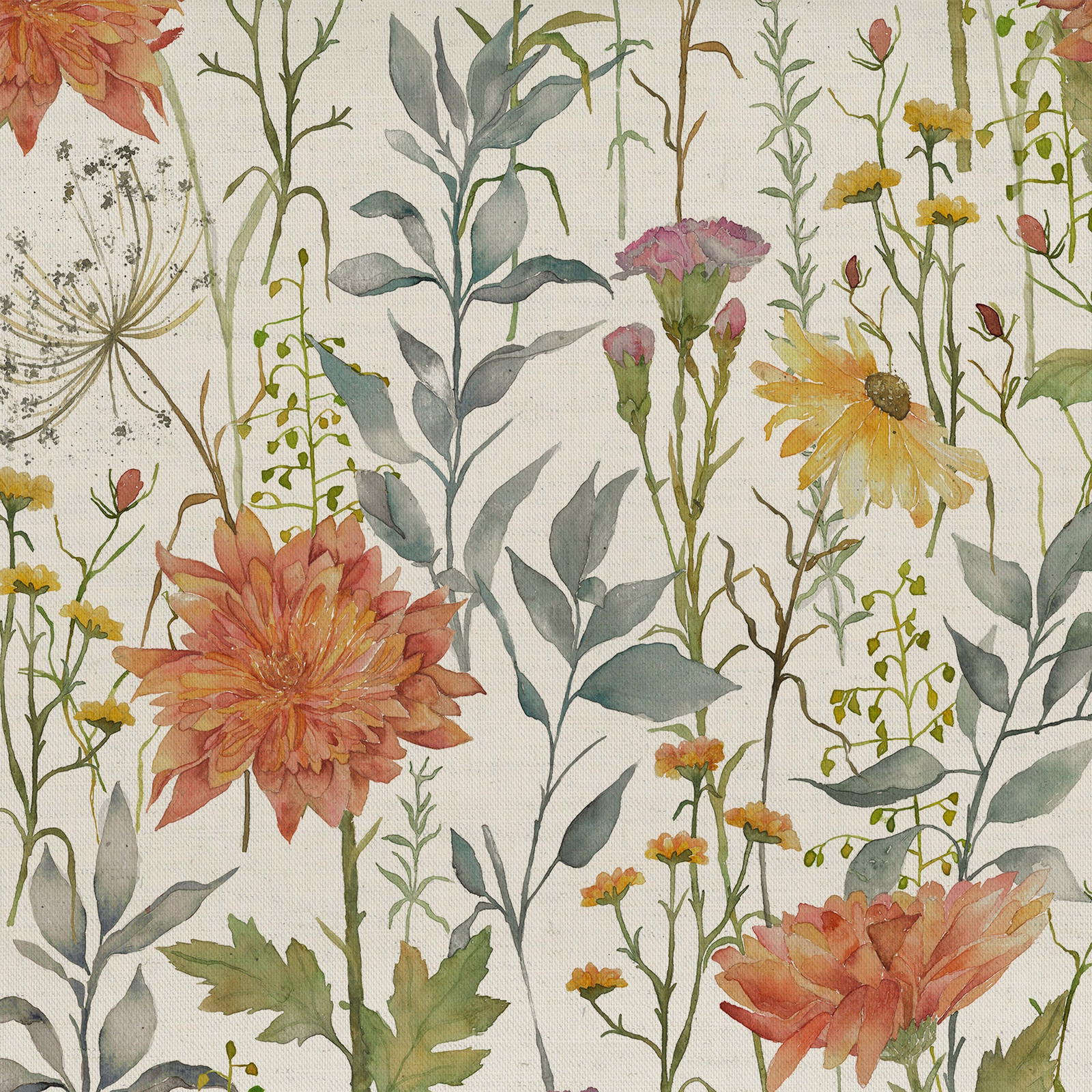 Painterly botanical fabric with coral flowers, sage leaves and blue-grey stems on ivory ground