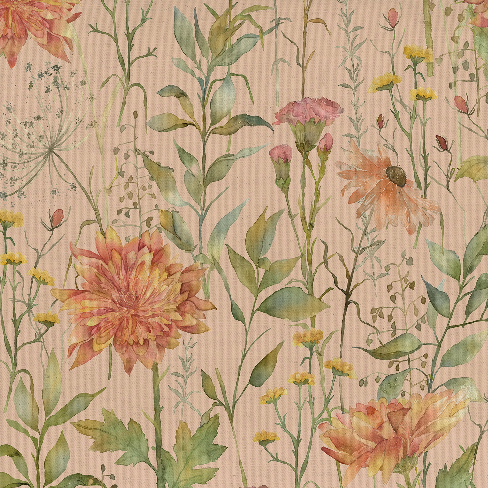 Watercolour botanical fabric with peach ground, orange flowers and green stems
