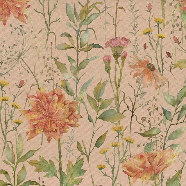 Watercolour botanical fabric with peach ground, orange flowers and green stems