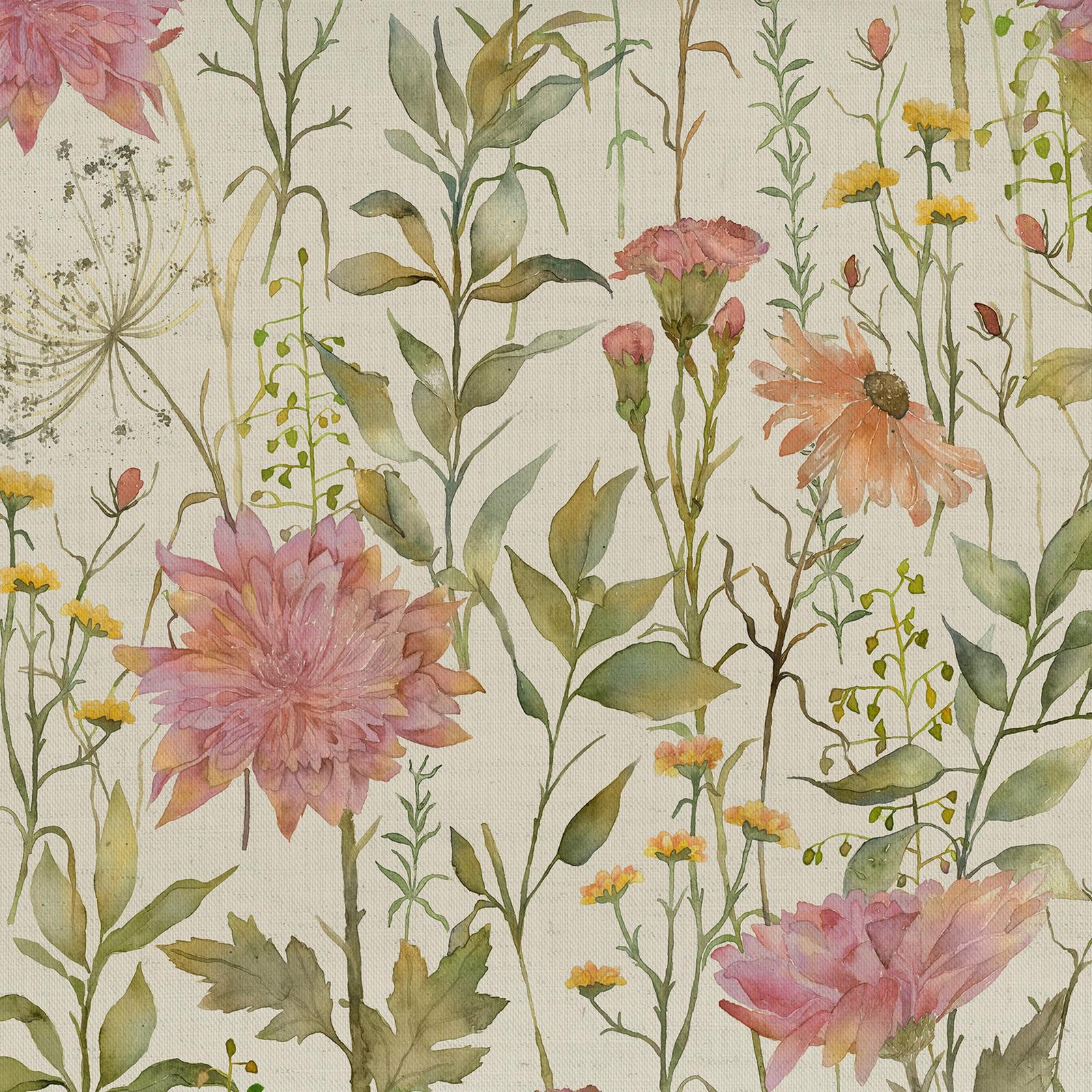 Large botanical floral fabric with dusty pink blooms and sage green stems on a pale ground