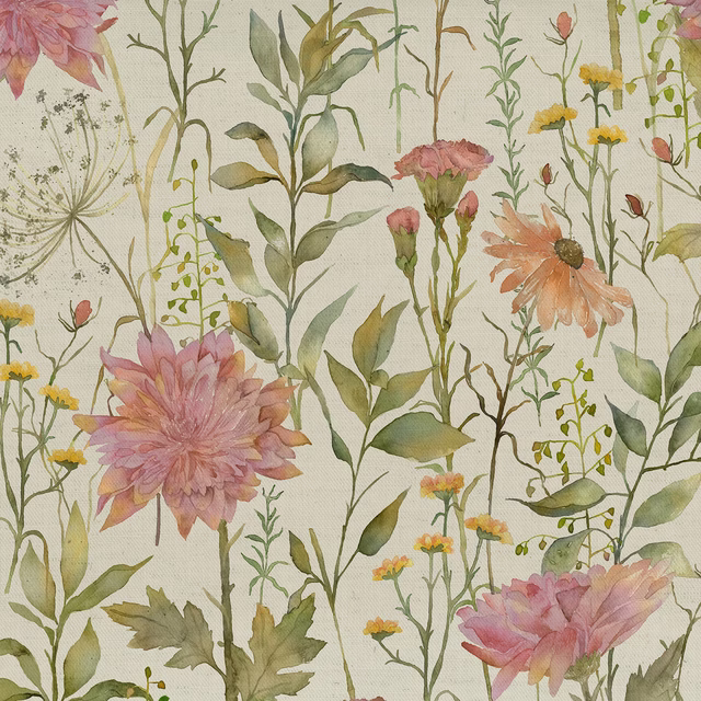 Large botanical floral fabric with dusty pink blooms and sage green stems on a pale ground