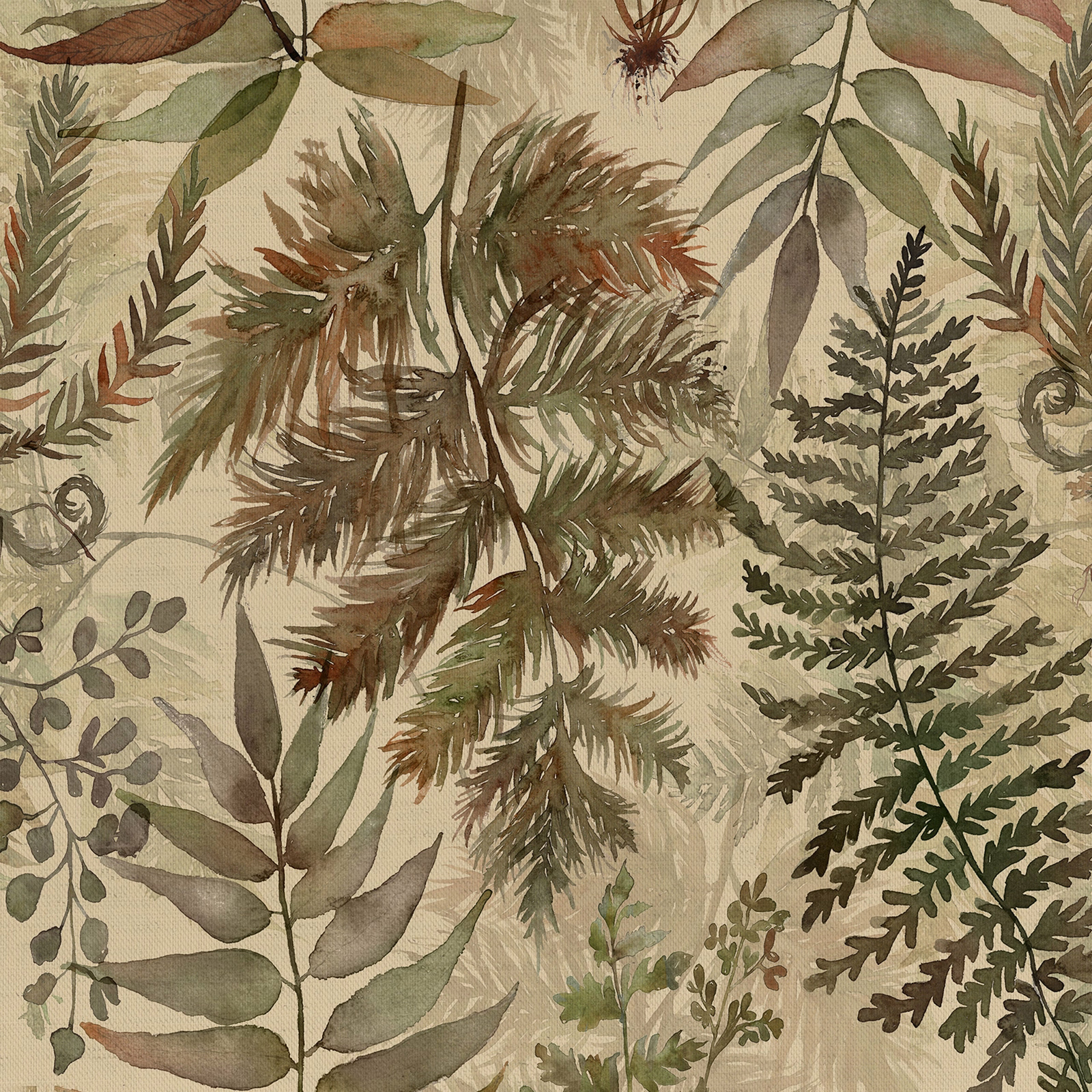 Close-up of a brown and olive botanical fabric with painted fern leaves and cream ground