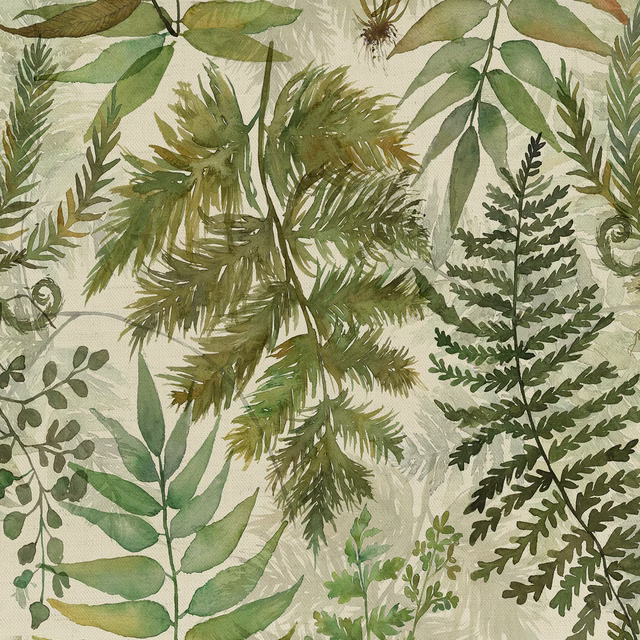 Botanical leaf fabric in muted green and cream with layered fern motifs