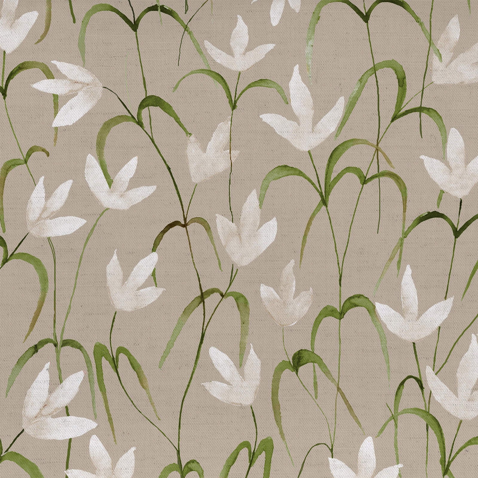 Beige botanical fabric with white flowers and slender green stems