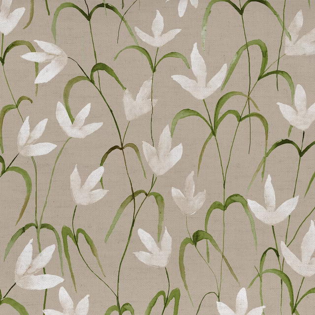 Beige botanical fabric with white flowers and slender green stems