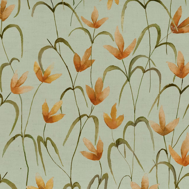 Painterly sage green botanical fabric with olive stems and apricot flowers