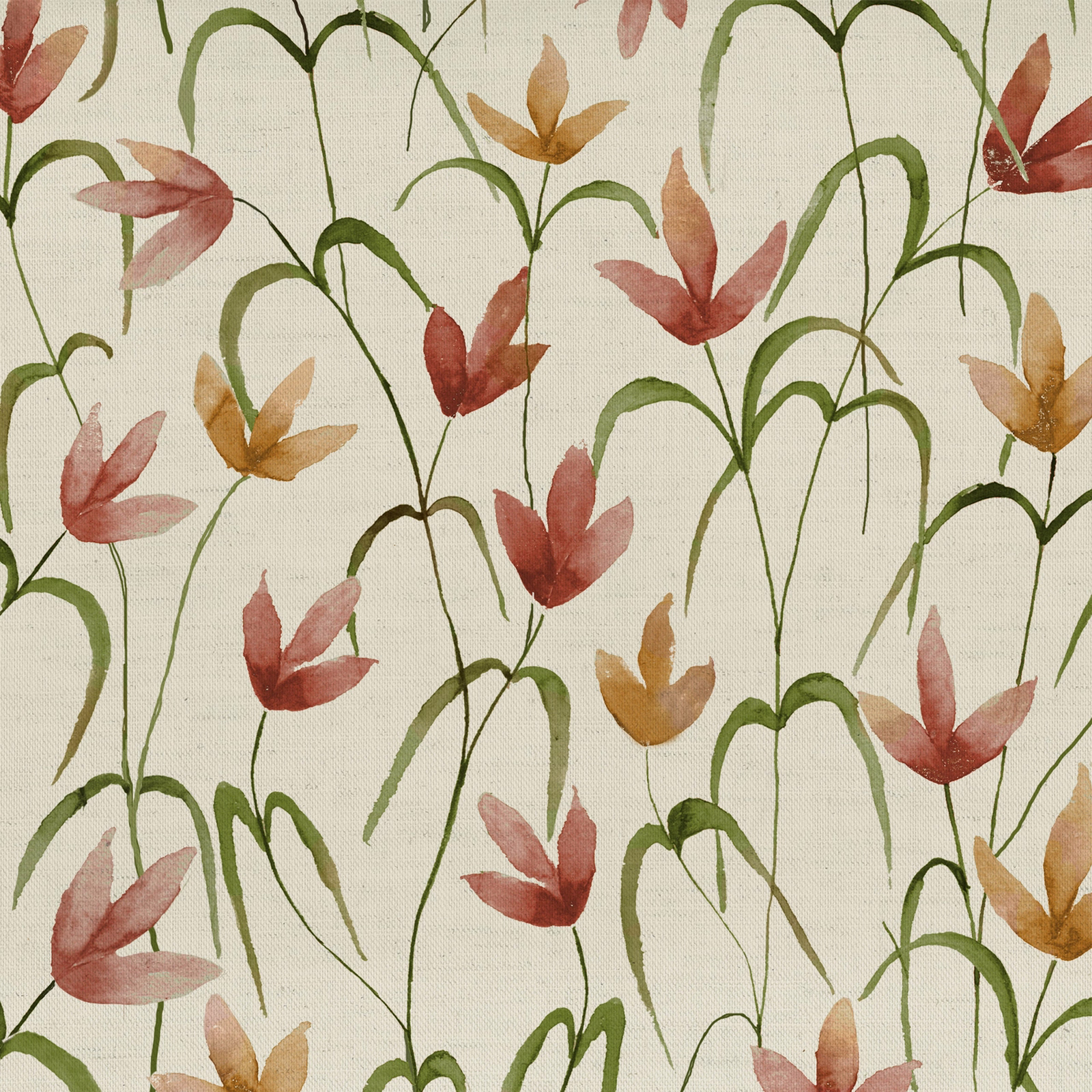 Painterly red and ochre floral stems with olive green arches on a cream cotton-linen ground