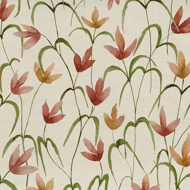 Painterly red and ochre floral stems with olive green arches on a cream cotton-linen ground