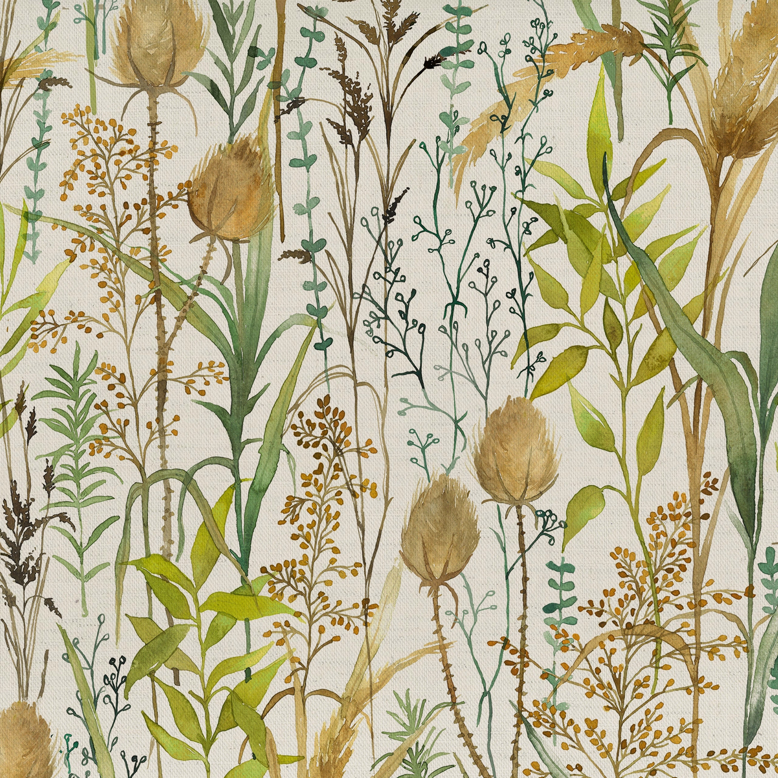 Painterly botanical fabric with sage, olive and lime stems on a pale ground