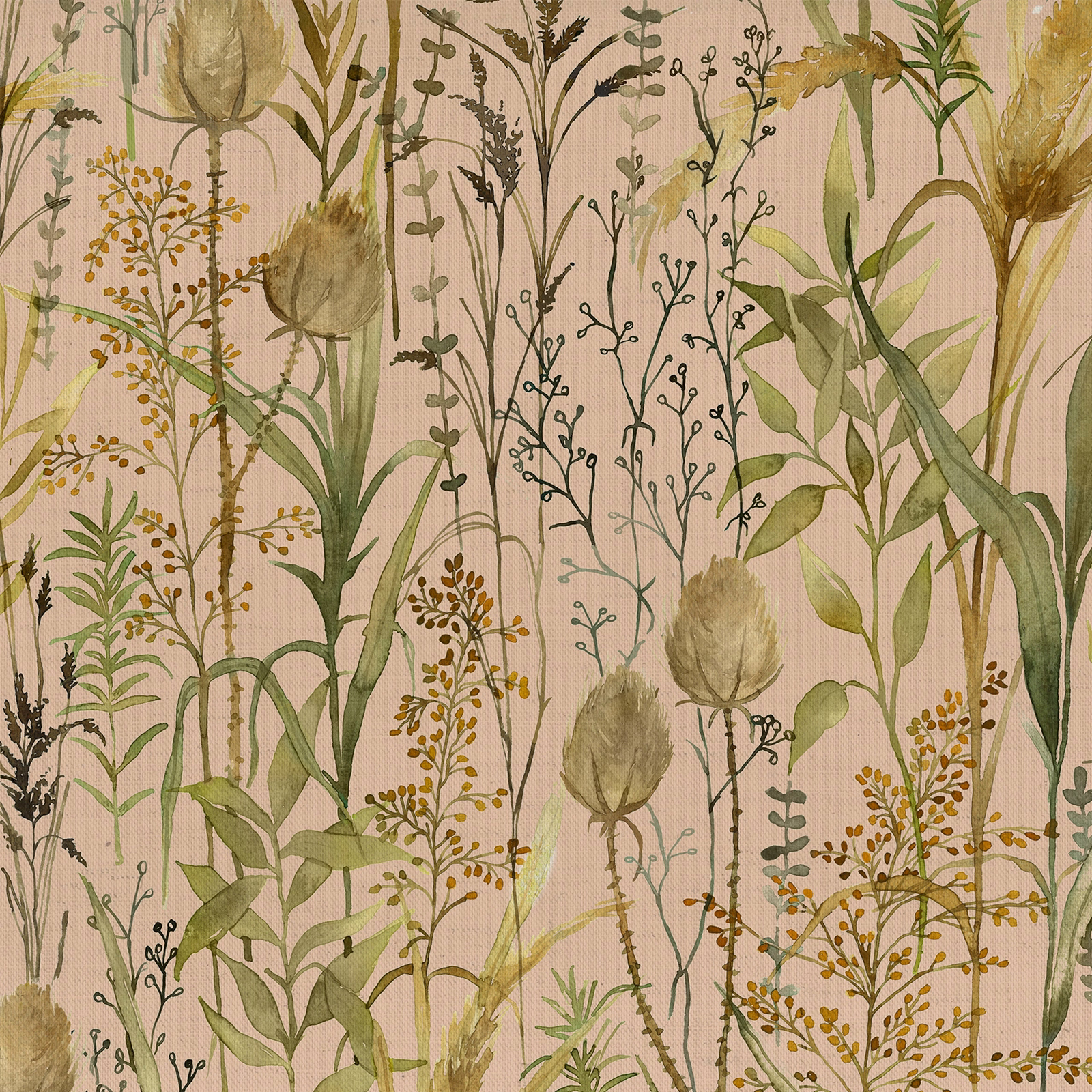 Painterly botanical fabric on a soft apricot ground with green stems and seed heads