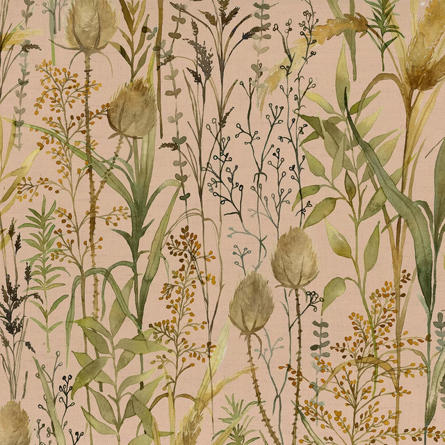Painterly botanical fabric on a soft apricot ground with green stems and seed heads