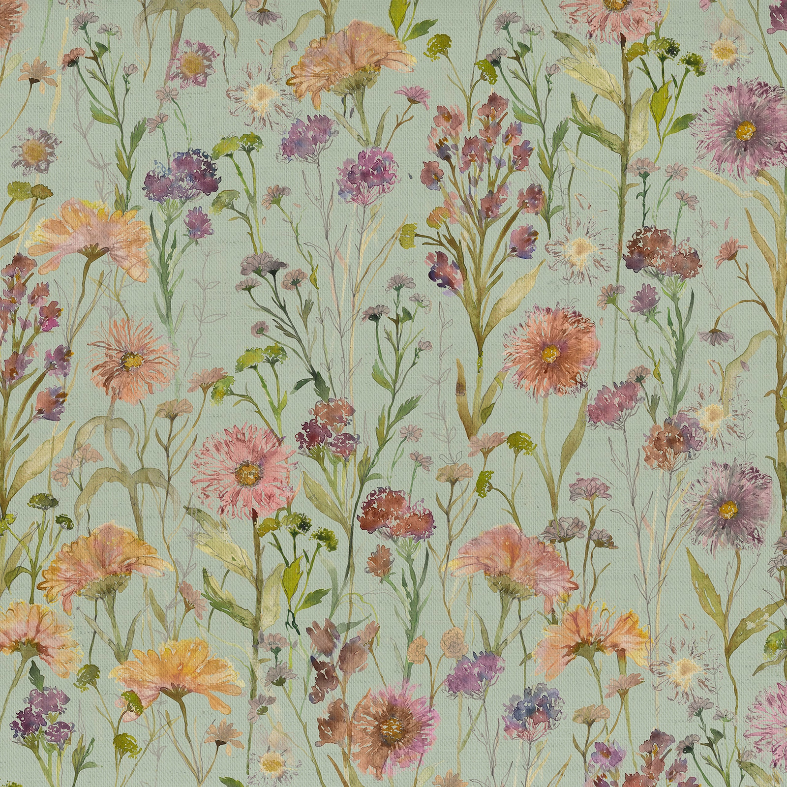 Aqua-blue floral fabric swatch with painterly meadow flowers and green stems