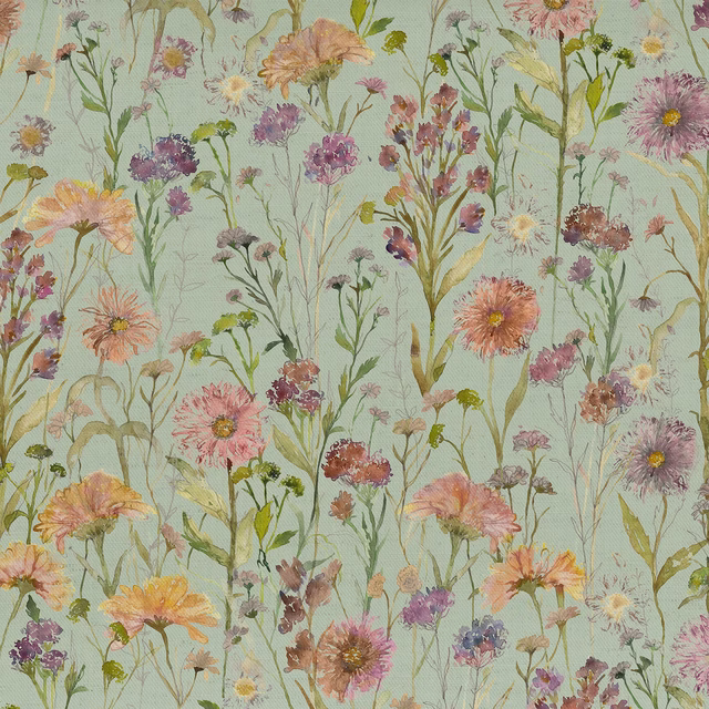 Aqua-blue floral fabric swatch with painterly meadow flowers and green stems