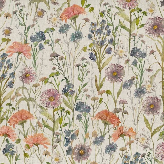 Watercolour meadow floral fabric on a pale ground with coral, blue-grey and sage blooms