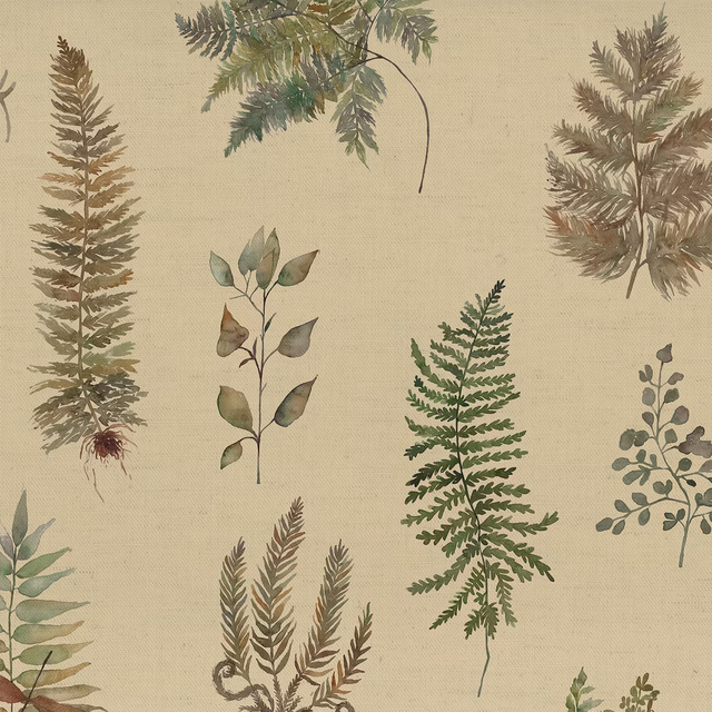 Botanical fabric swatch on warm beige ground with muted green and brown fern motifs