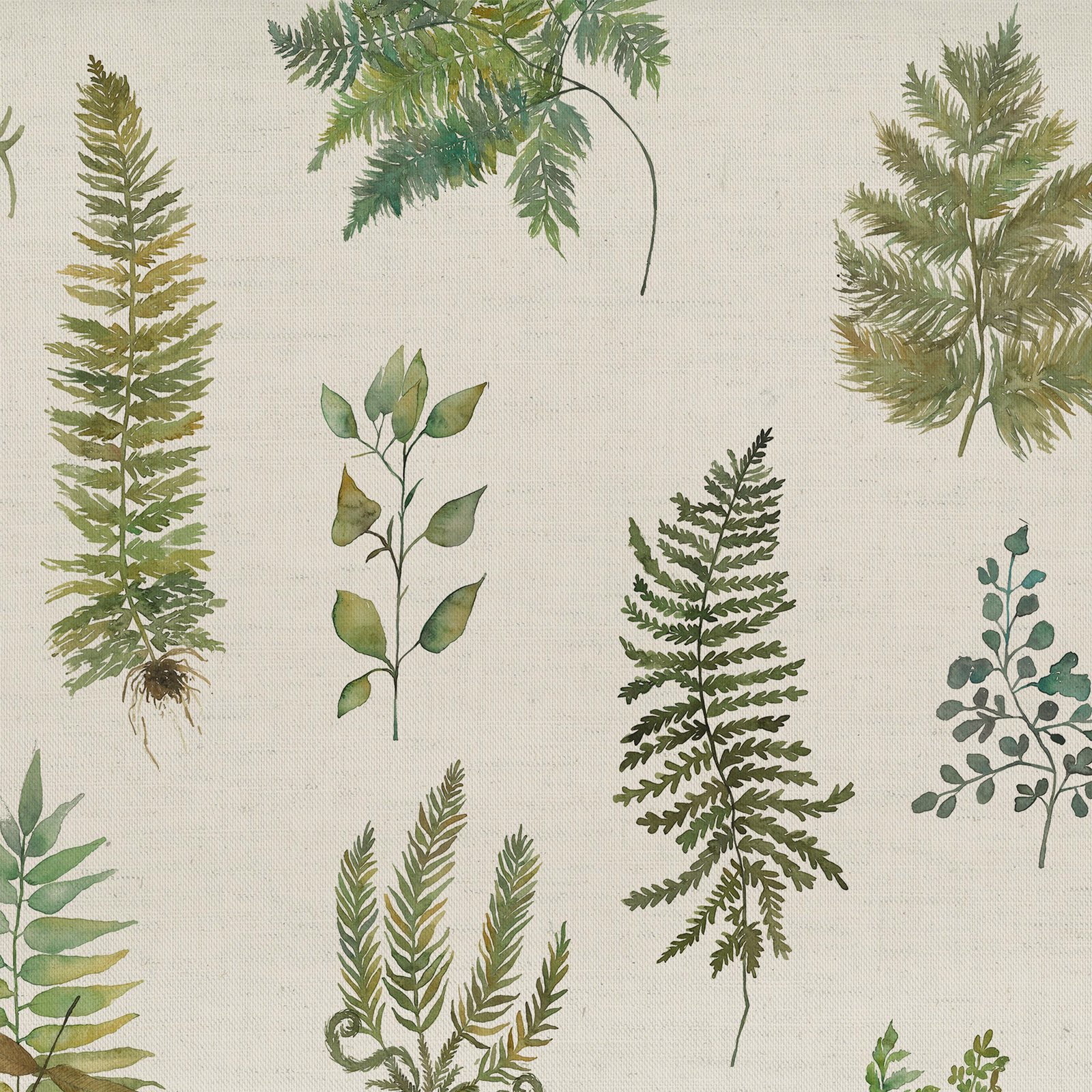 Cream ground botanical fabric with sage and olive fern and leaf motifs