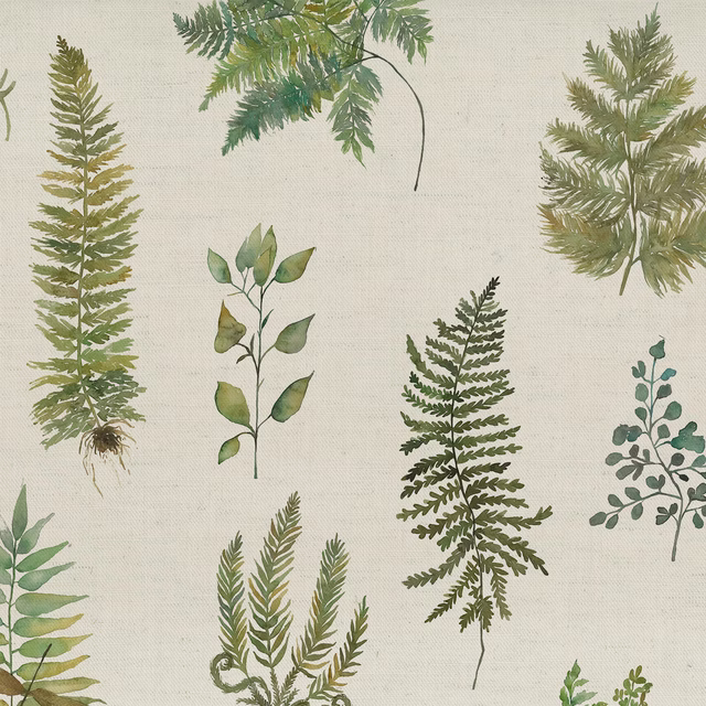 Cream ground botanical fabric with sage and olive fern and leaf motifs