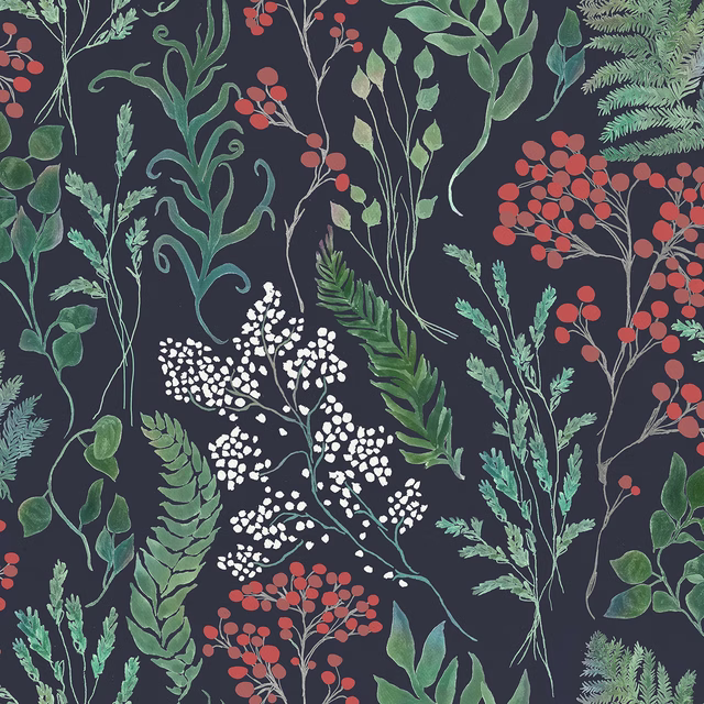 Dark blue botanical fabric with green leaves, white florals and red berries
