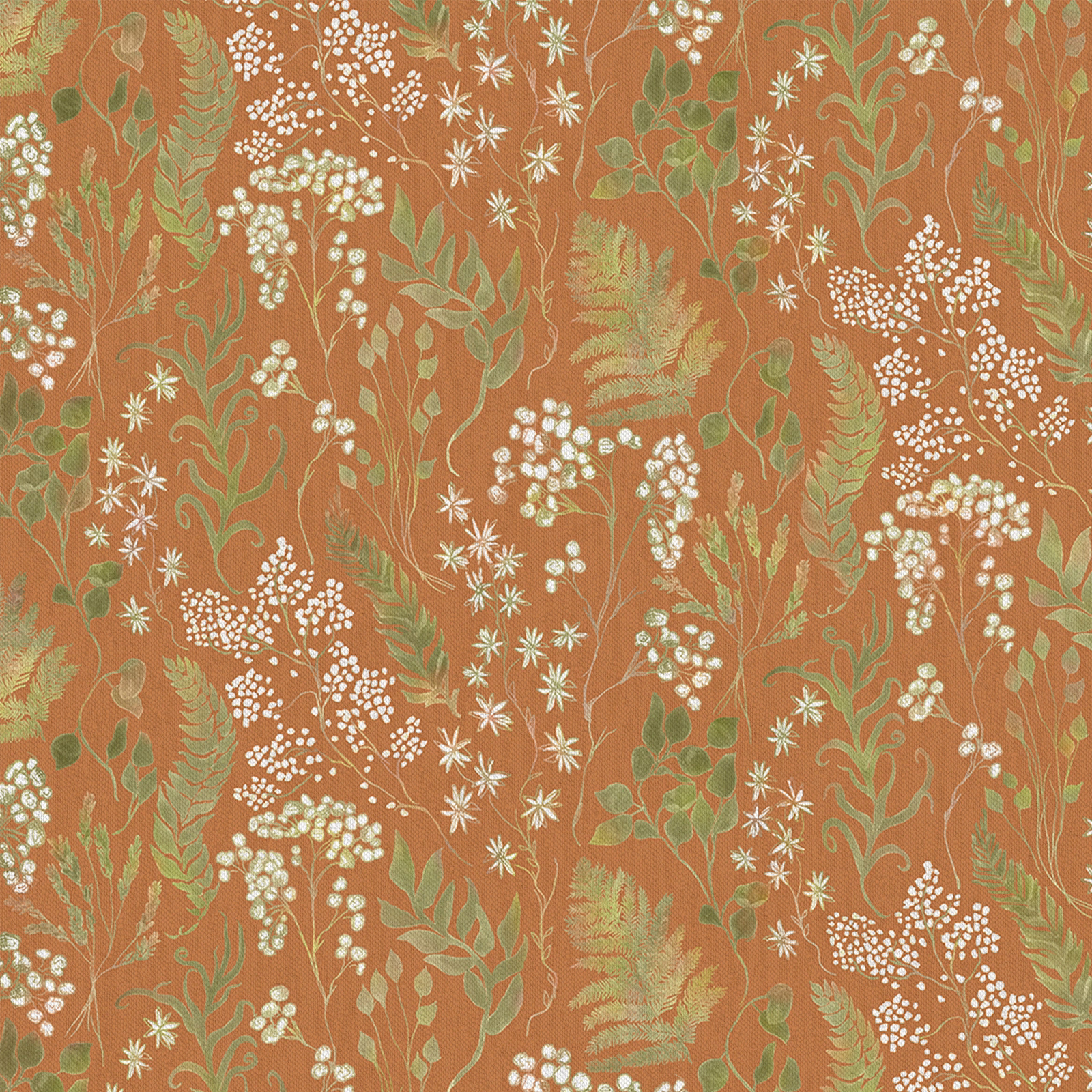 Burnt orange botanical fabric with pale green leaves and ivory seed heads