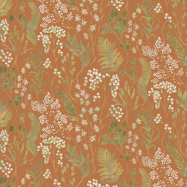 Burnt orange botanical fabric with pale green leaves and ivory seed heads
