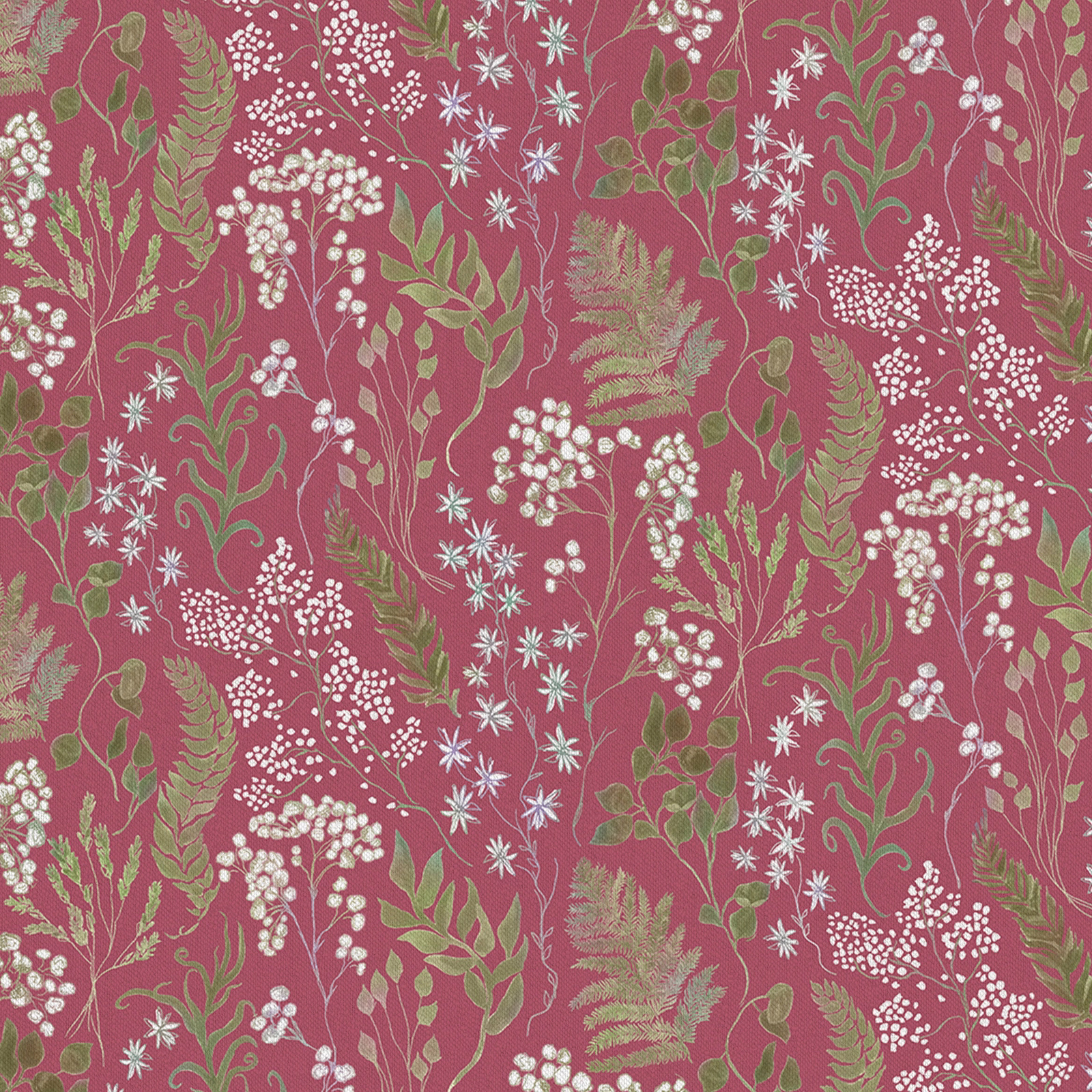 Raspberry pink botanical fabric with green leaves and white flower sprigs