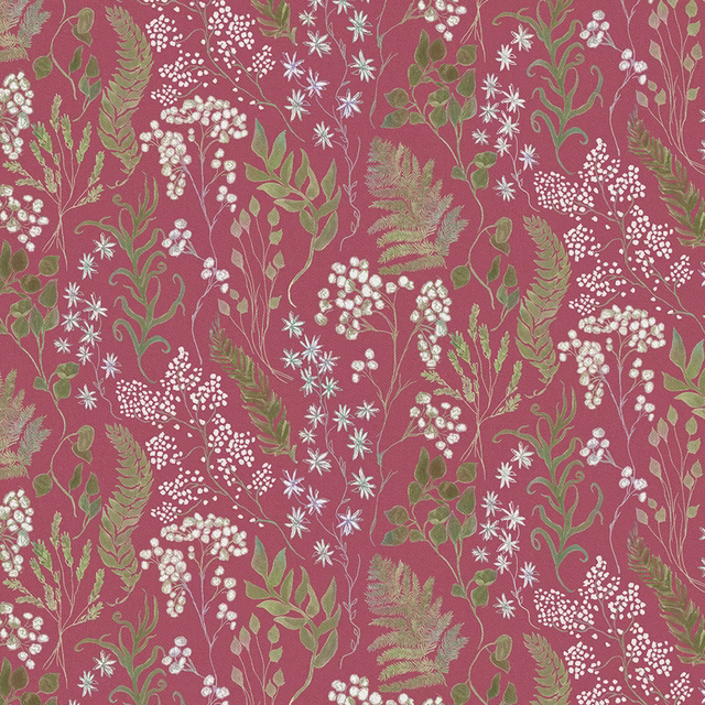 Raspberry pink botanical fabric with green leaves and white flower sprigs
