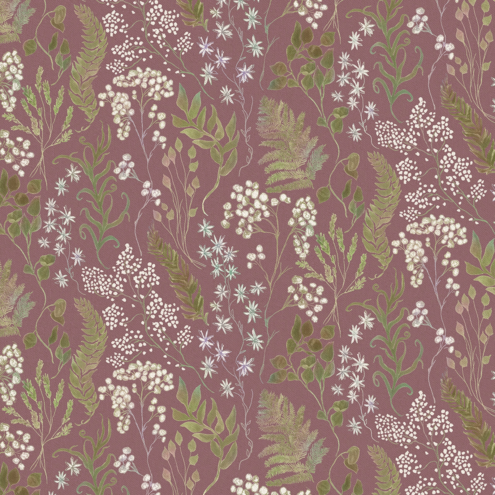 Dusty mauve botanical fabric with sage leaves, pale flower sprays and fern motifs