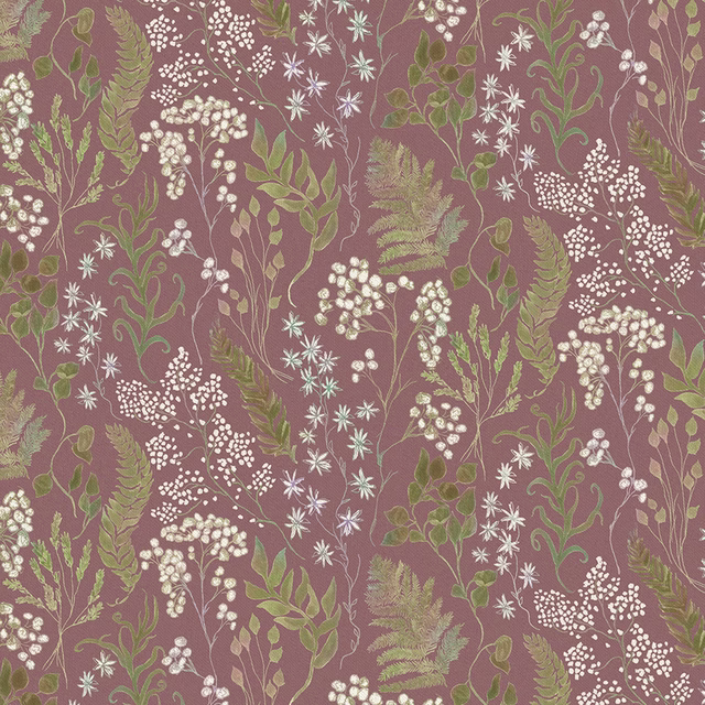 Dusty mauve botanical fabric with sage leaves, pale flower sprays and fern motifs