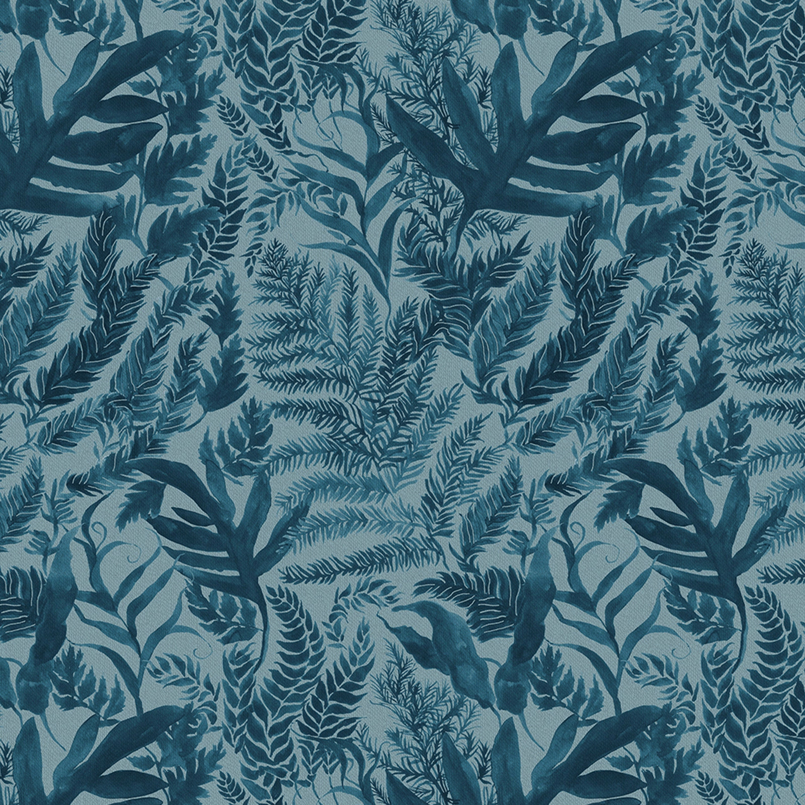 Blue-green botanical fabric with large leaf and fern motifs