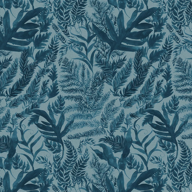 Blue-green botanical fabric with large leaf and fern motifs