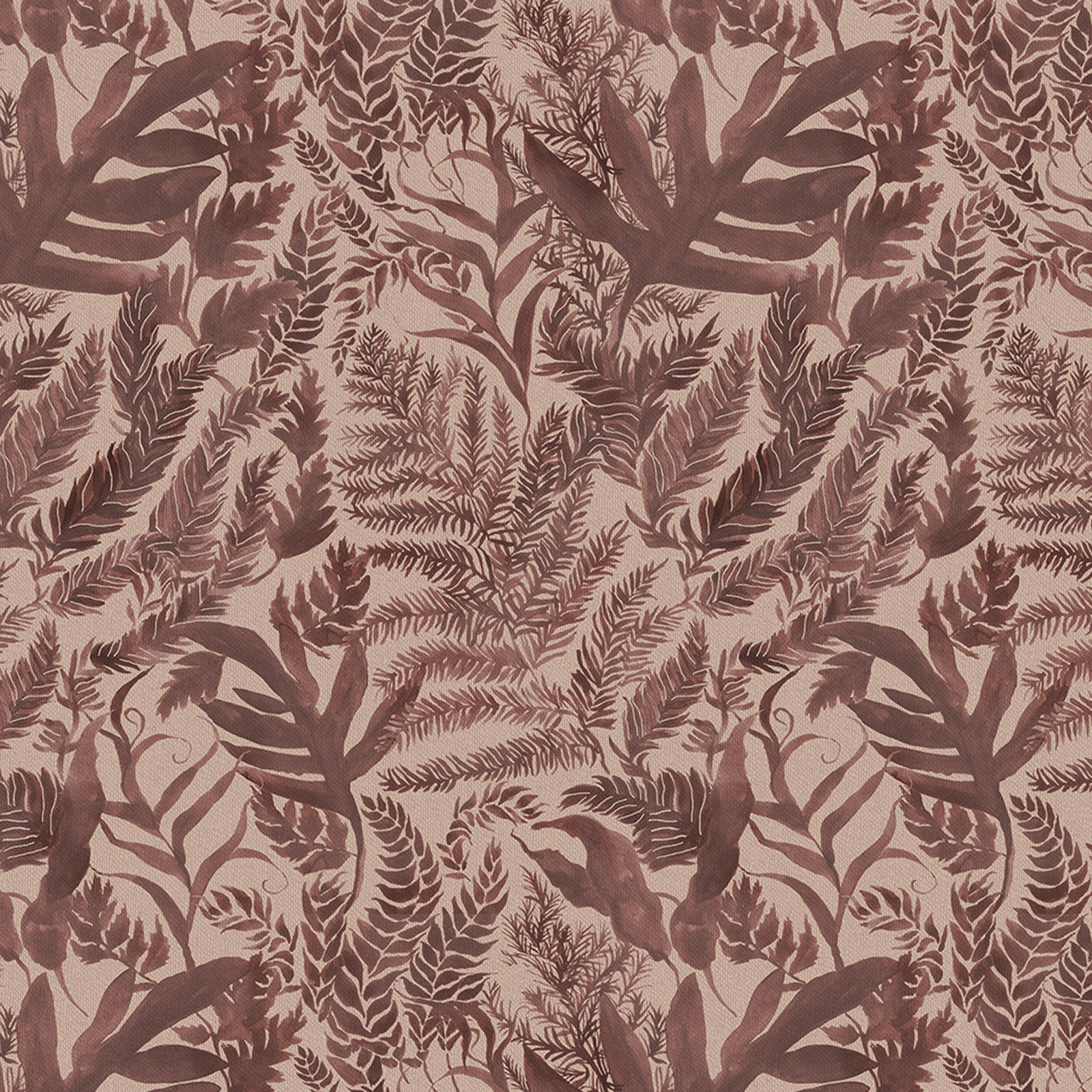 Botanical fabric swatch in warm brown on a pale beige ground