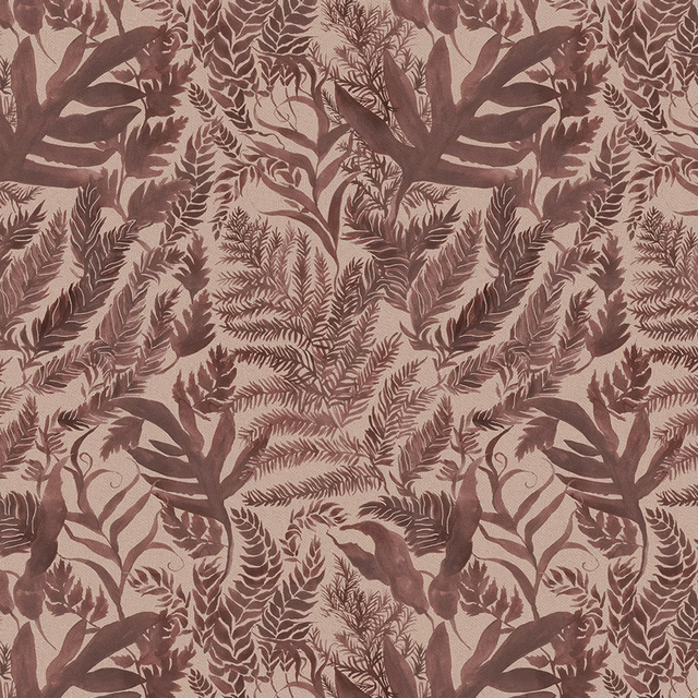 Botanical fabric swatch in warm brown on a pale beige ground