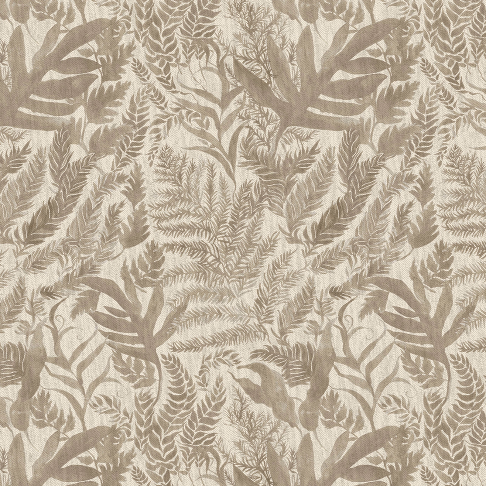 Cream and taupe botanical fabric with layered leaves and fern motifs