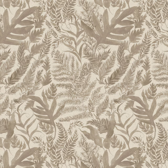 Cream and taupe botanical fabric with layered leaves and fern motifs