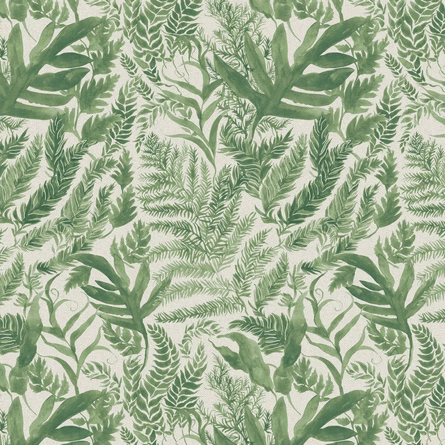 Green botanical leaf print on a pale ground, with layered fern and foliage motifs