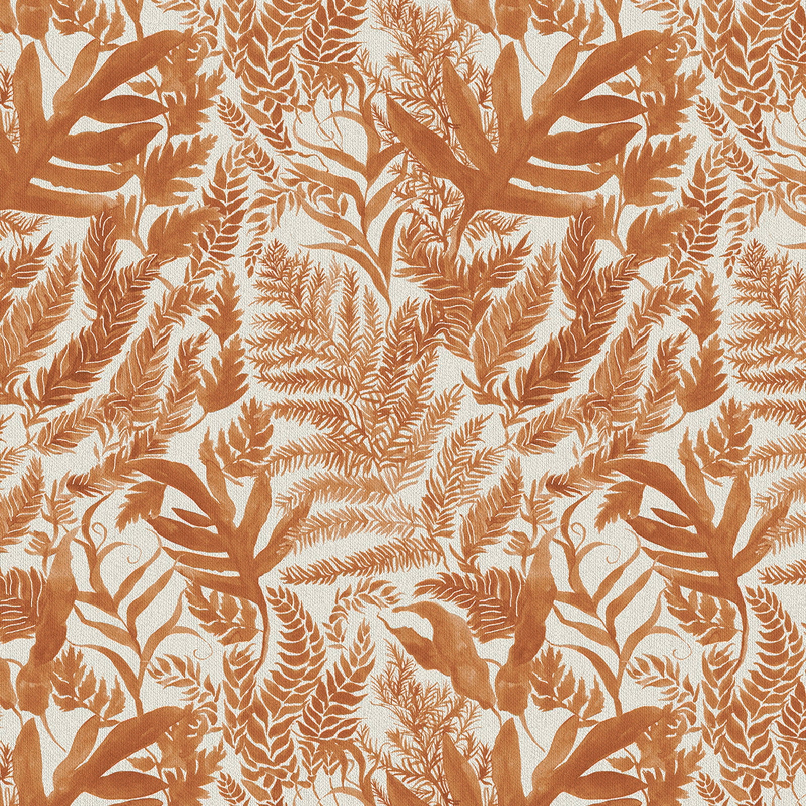 Orange botanical leaf fabric on a pale ground with a large-scale print