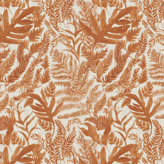 Orange botanical leaf fabric on a pale ground with a large-scale print