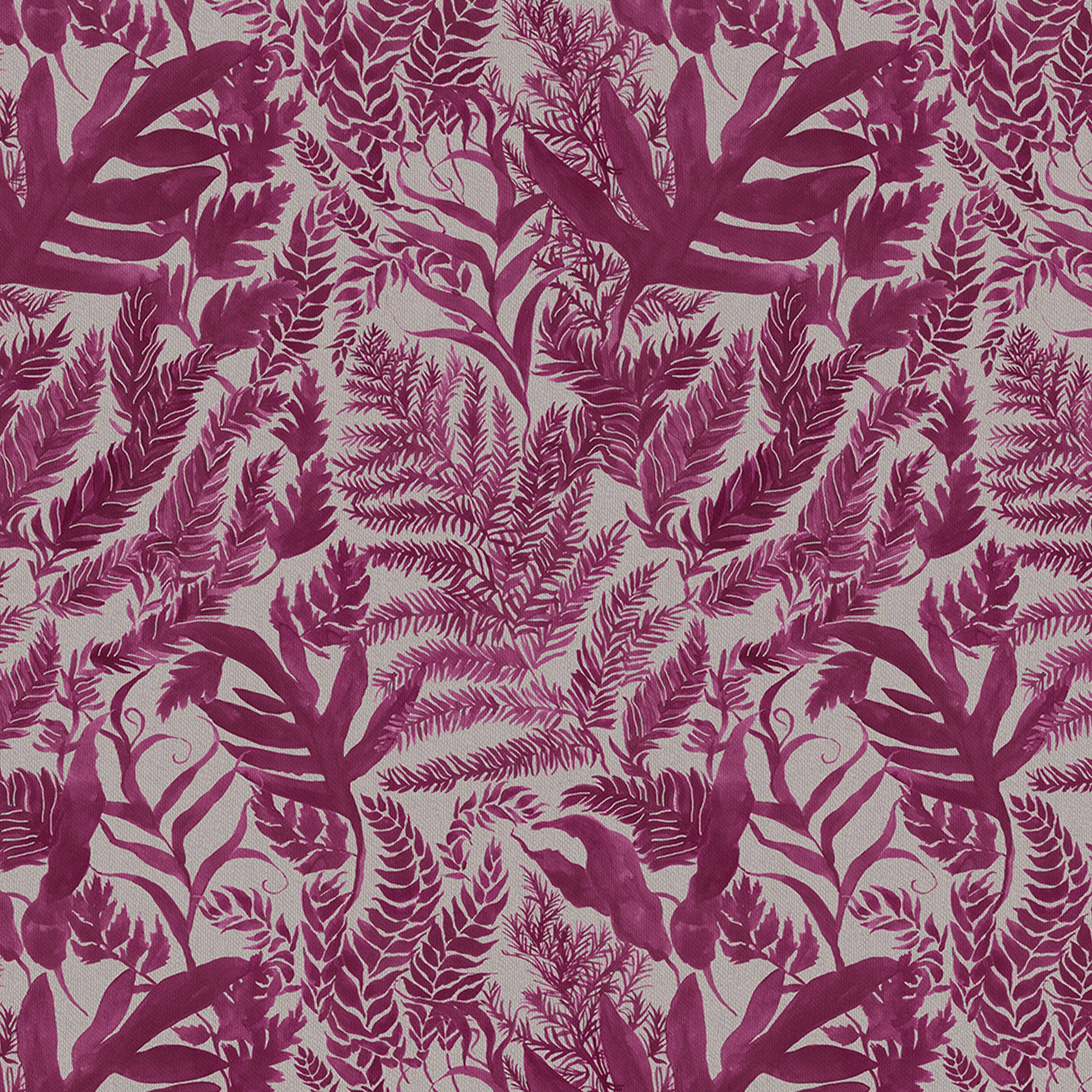 Pink botanical fabric swatch with fern and leaf print on a pale ground