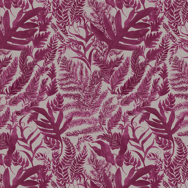 Pink botanical fabric swatch with fern and leaf print on a pale ground