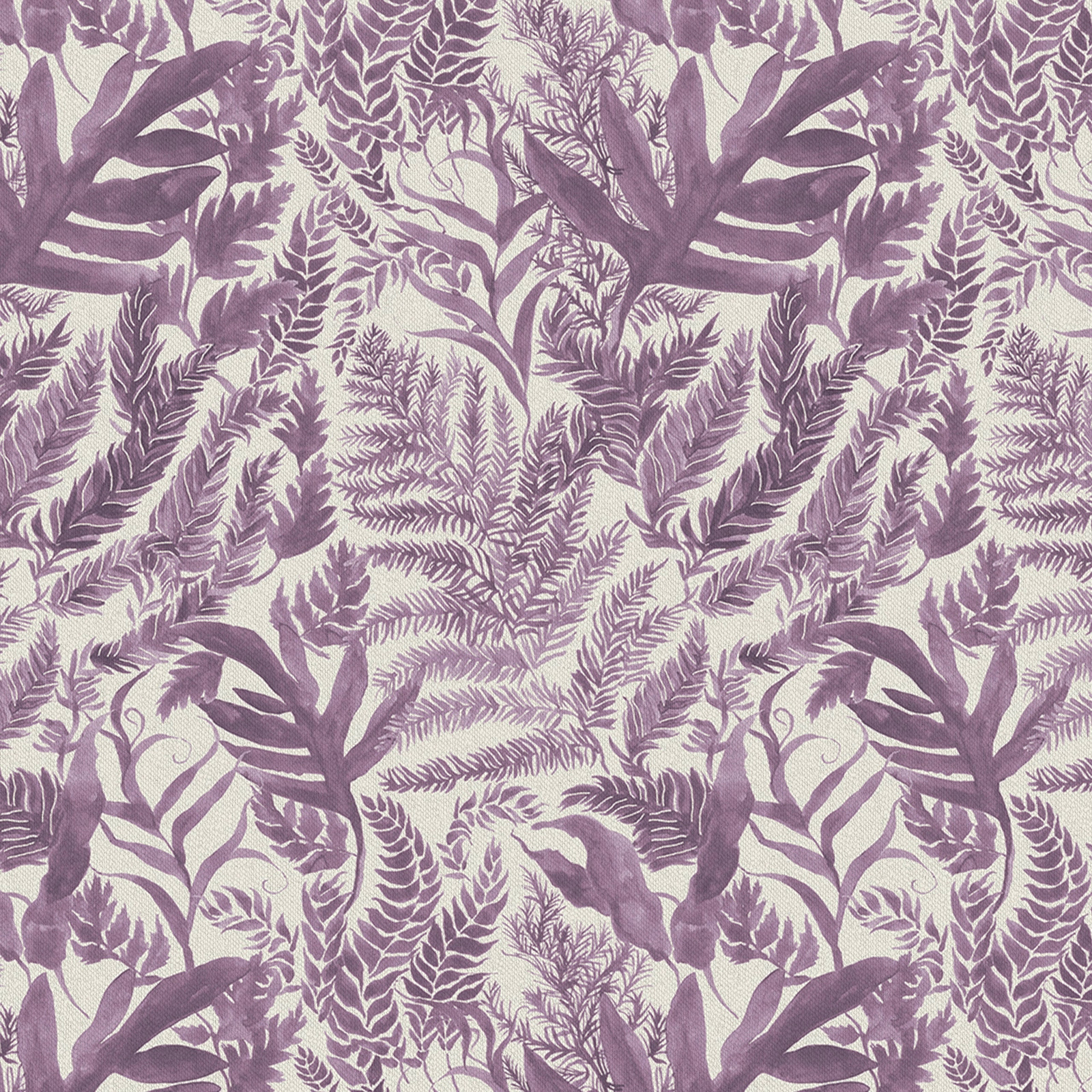 Lilac botanical fabric with plum fern and leaf motif on a pale ground